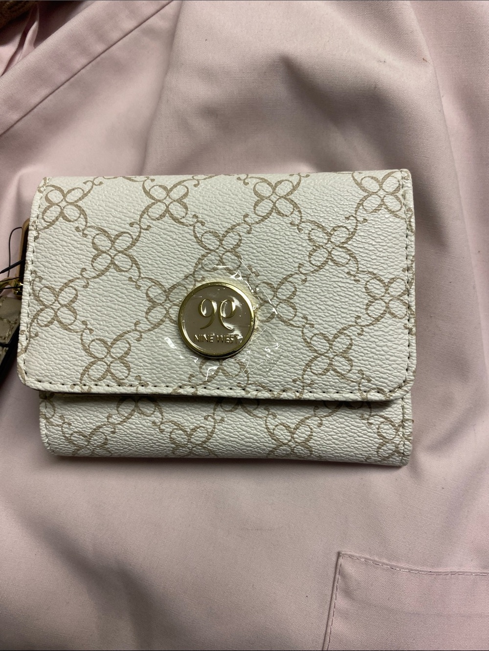 Nine West White & Beige Monogram Compact Wallet with Gold Emblem